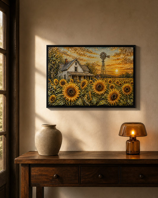 Where the Sun Rests displayed above a dark wood console in warm late-afternoon light.