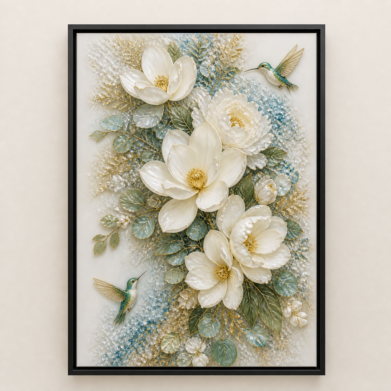 Front view of Wings in Bloom with ivory magnolias, two hummingbirds, blue-green leaves, and gold-lined branches.