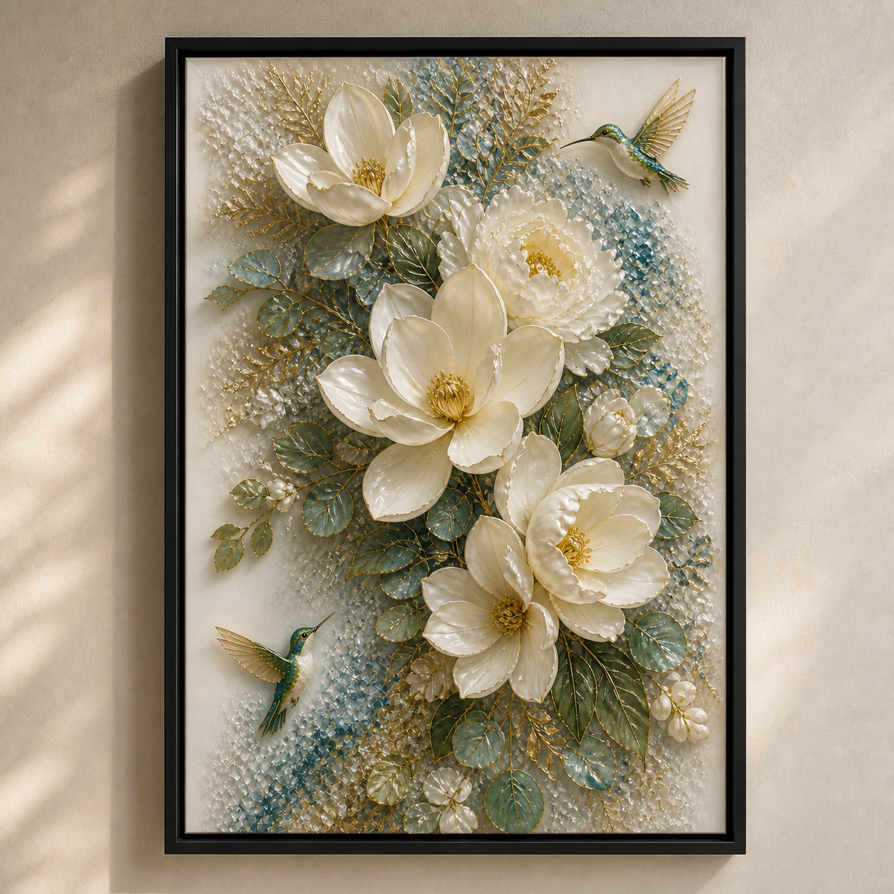 Side-lit view showing raised detail across the magnolia petals, hummingbird wings, leaves, and gold branches.