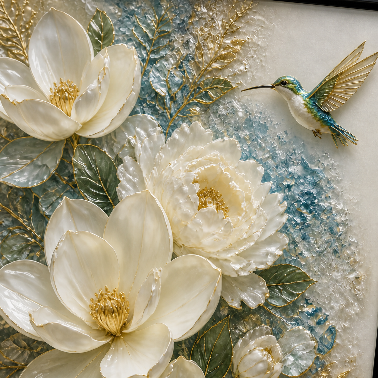 Close-up of ivory magnolias, a blue-green hummingbird, textured leaves, and light-catching raised accents.