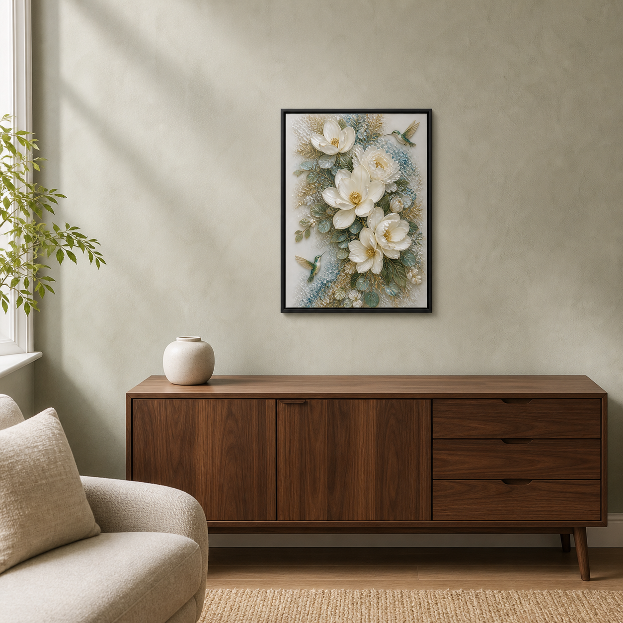 Wings in Bloom displayed above a walnut console in an elegant sage-toned living room.