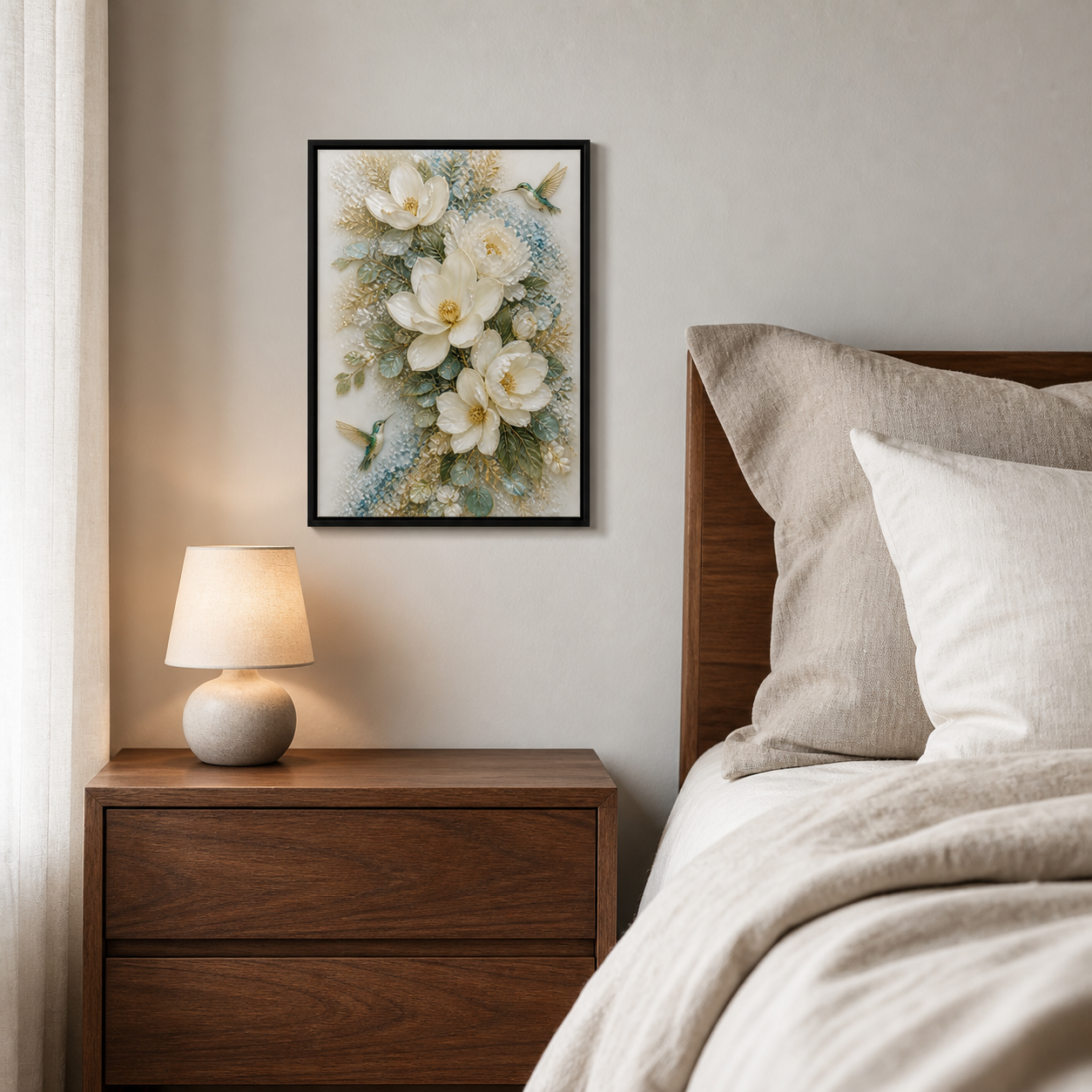Wings in Bloom displayed beside a bed and warm table lamp in a quiet neutral bedroom.