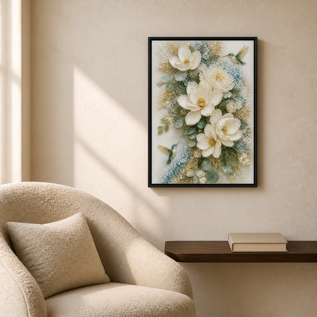 Wings in Bloom displayed above a narrow shelf in a softly lit reading corner.