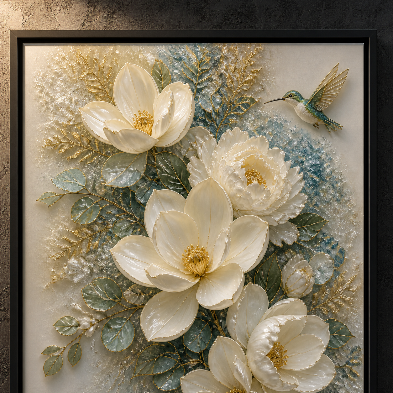 Close view of the upper magnolias and hummingbird under soft directional light.
