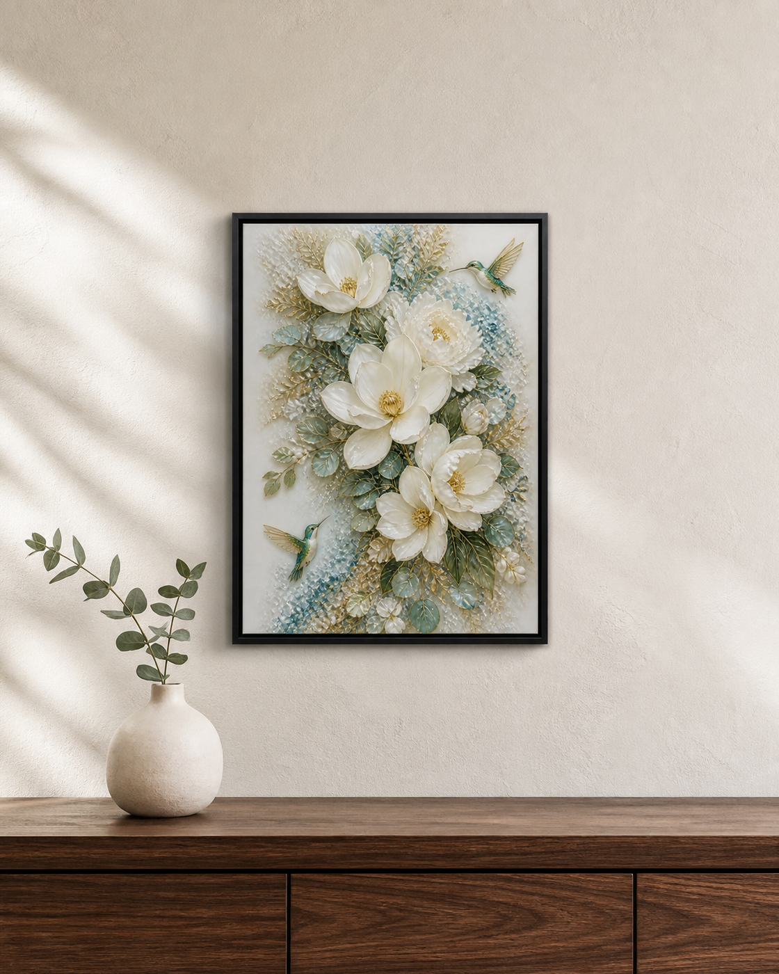 Wings in Bloom displayed above a dark wood console in a warm neutral room.