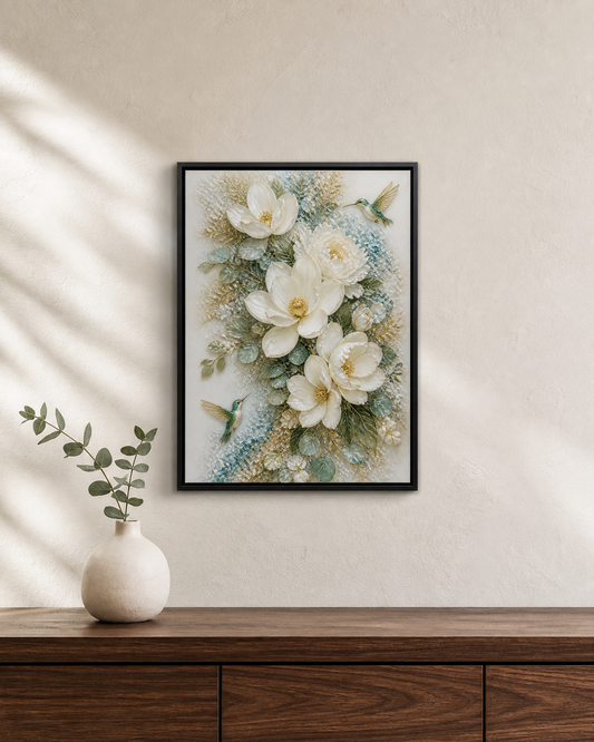 Wings in Bloom displayed above a dark wood console in a warm neutral room.